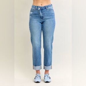 Judy Blue High Waist Bf Criss-cross Mild Destroy Jeans with Single Cuff